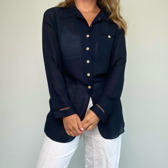 Vintage Liz Claiborne Navy Semi Sheer Old Money Button Down (S) - Picture 4 of 8